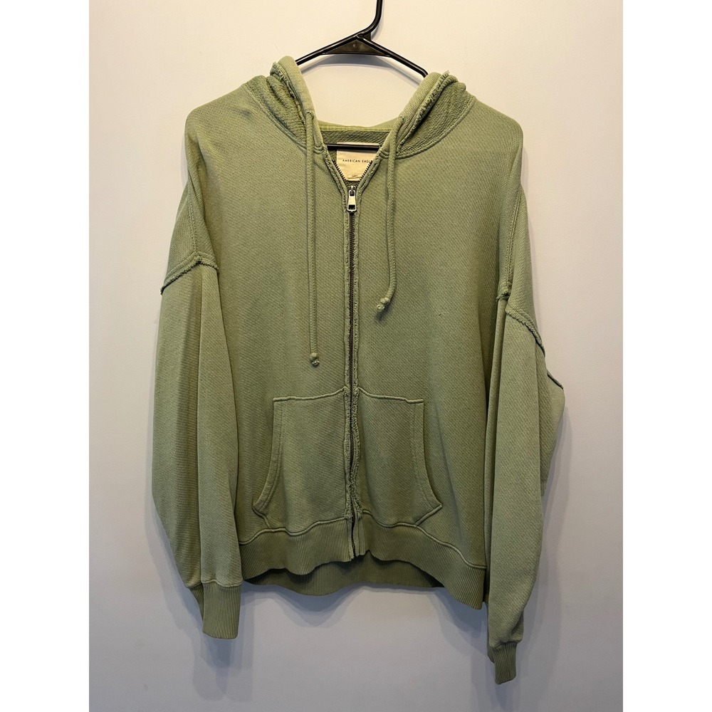 American Eagle Sage Green Full Zip Hoodie Raw Seam Textured Sweatshirt Medium